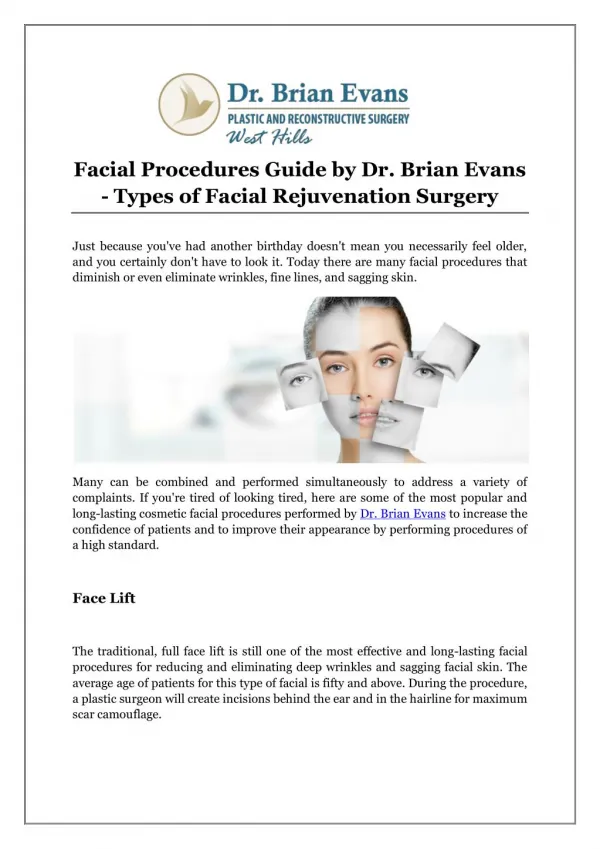 Facial Procedures Guide by Dr. Brian Evans - Types of Facial Rejuvenation Surgery