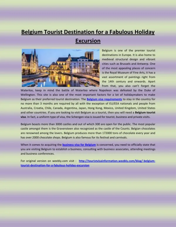 Belgium tourist destination for a fabulous holiday excursion