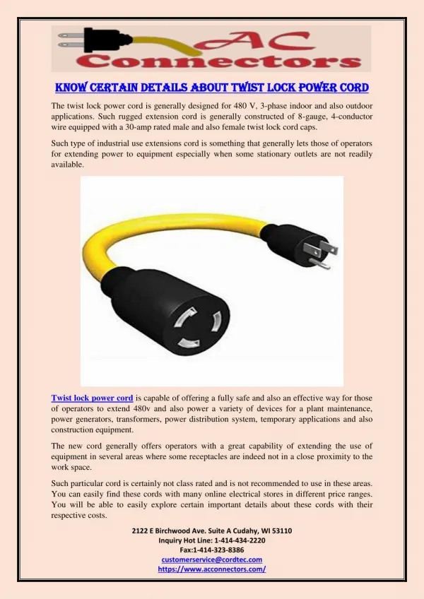 Know Certain Details About Twist Lock Power Cord
