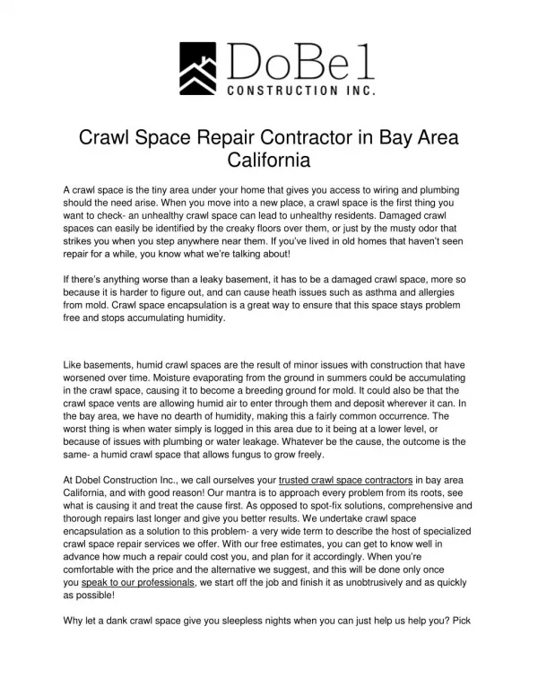 Crawl Space Repair Contractor in Bay Area California