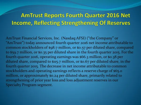 AmTrust Reports Fourth Quarter 2016 Net Income, Reflecting Strengthening Of Reserves