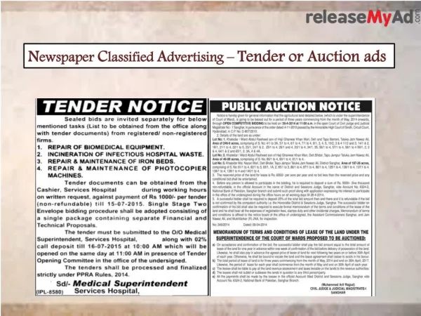 Tender or Auction ads in newspaper.