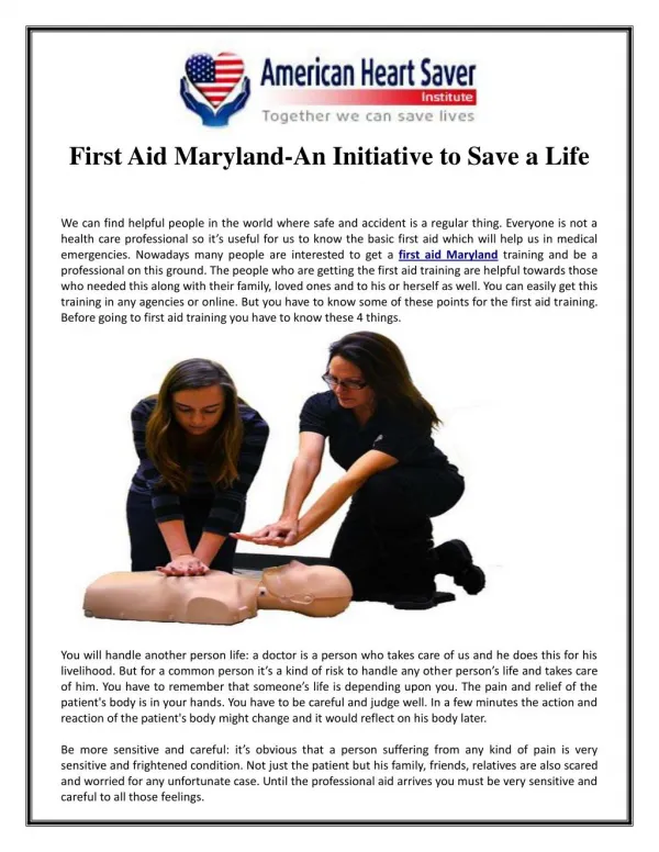 First Aid Maryland-An Initiative to Save a Life