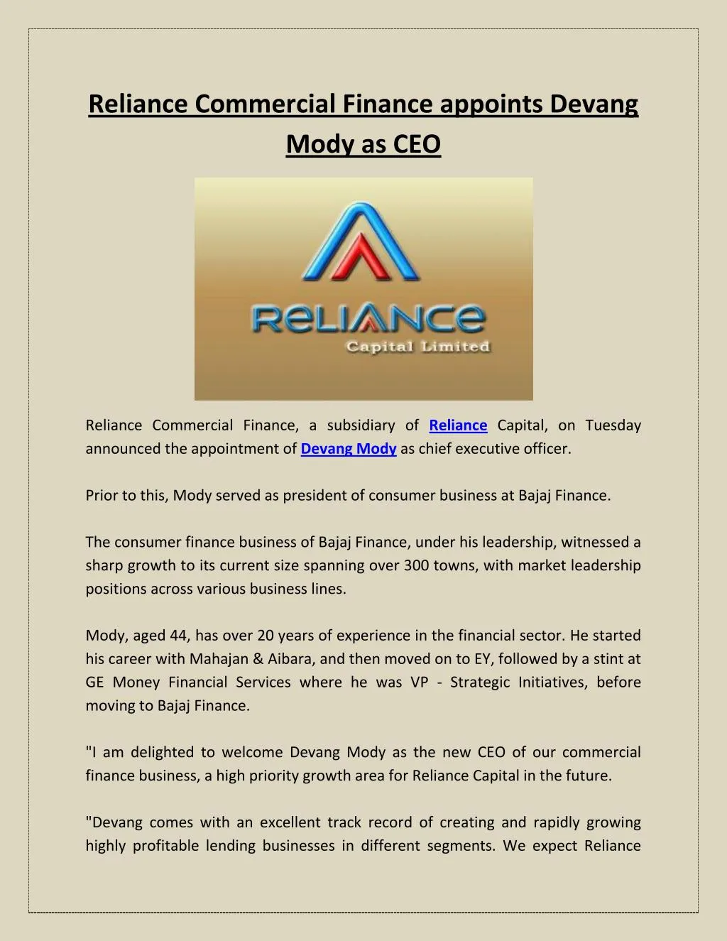 reliance commercial finance appoints devang mody
