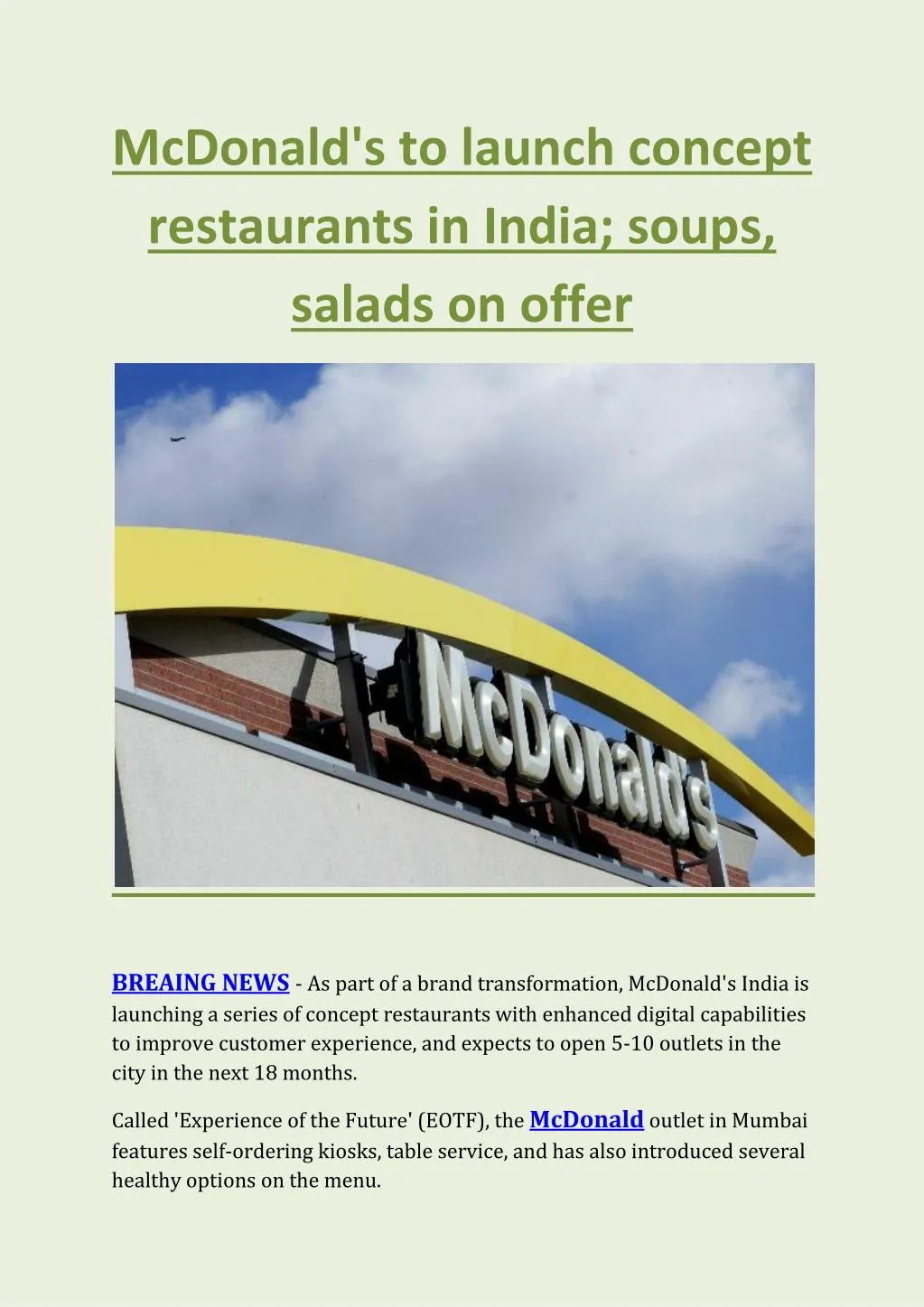 mcdonald s to launch concept restaurants in india
