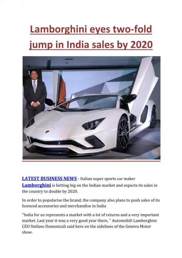 Lamborghini eyes two-fold jump in India sales by 2020