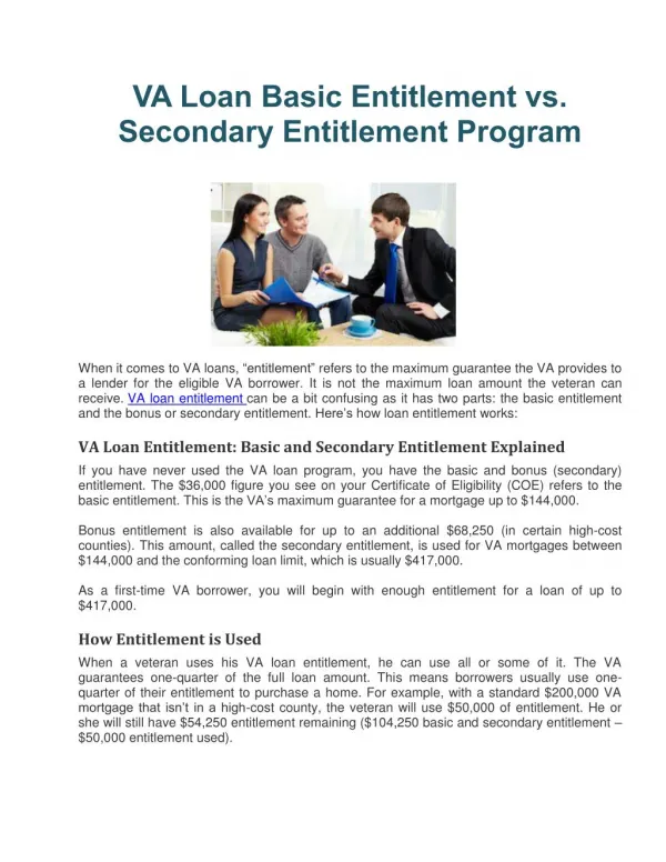 VA Loan Basic Entitlement vs Secondary Entitlement Program