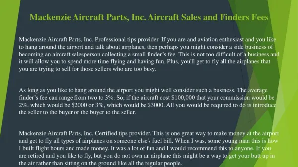 Mackenzie Aircraft Parts, Inc. Aircraft Sales and Finders Fees