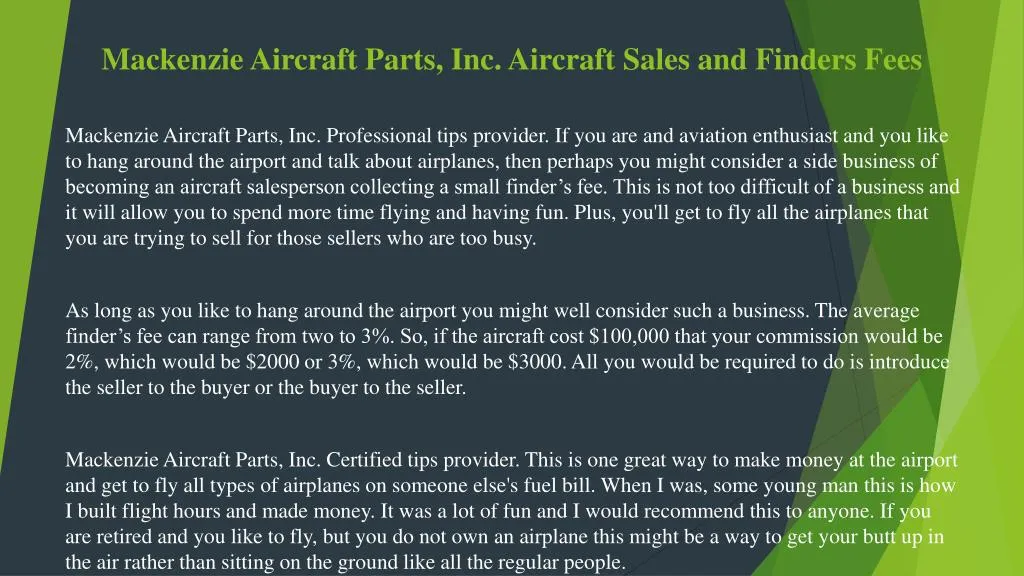 mackenzie aircraft parts inc aircraft sales and finders fees