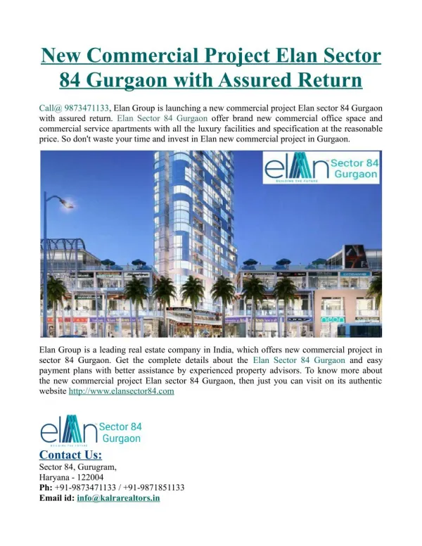 New Commercial Project Elan Sector 84 Gurgaon with Assured Return