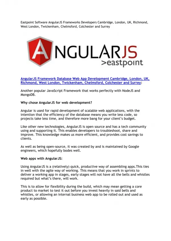 Eastpoint Software AngularJS Frameworks Developers Cambridge, London, UK, Richmond, West London, Twickenham, Chelmsford,