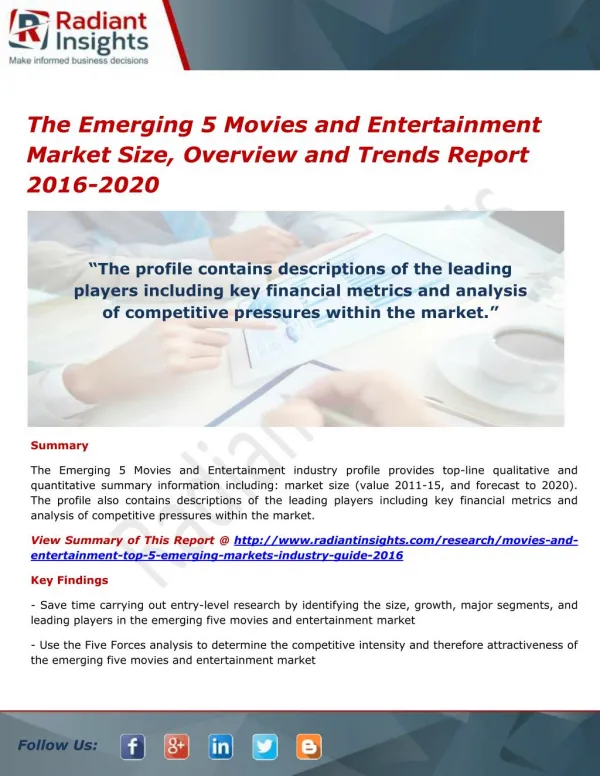 The Emerging 5 Movies and Entertainment Market Size, Analysis and Forecasts 2016-2020