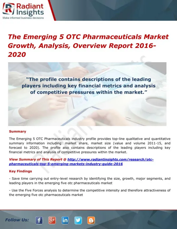 The Emerging 5 OTC Pharmaceuticals Market Size, Analysis and Forecasts 2016-2020