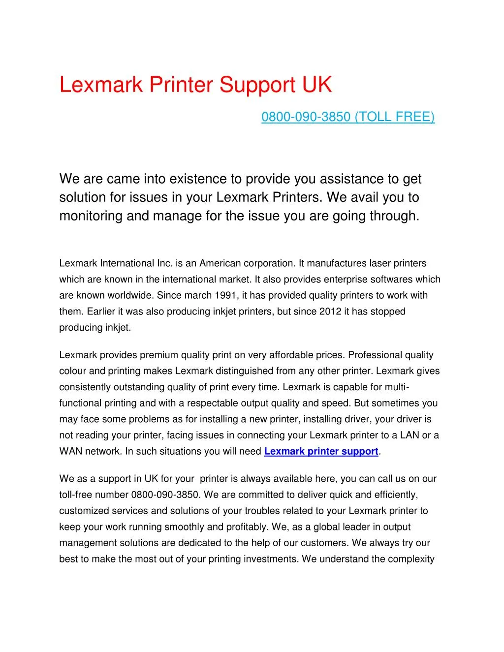 lexmark printer support uk 0800 090 3850 toll free