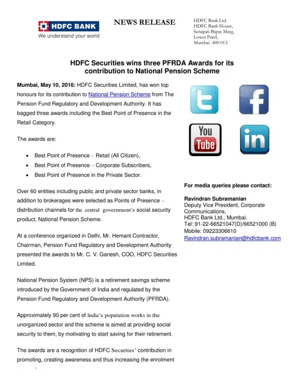 HDFC Securities wins three PFRDA Awards for National Pension Scheme (NPS)