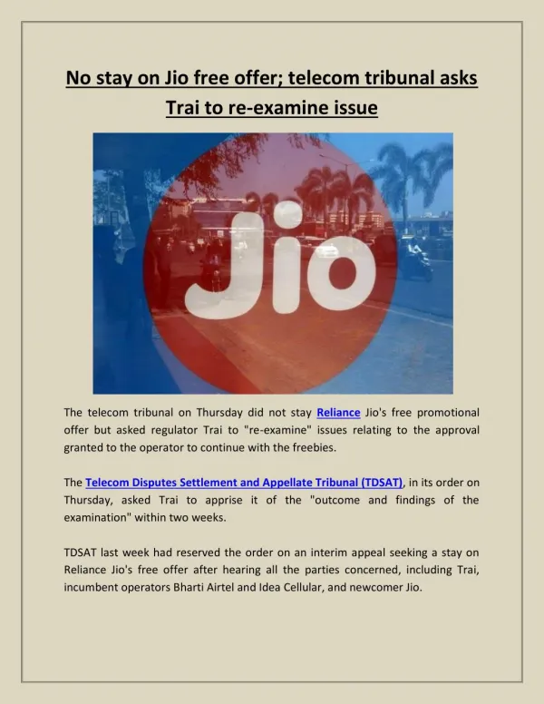 No stay on Jio free offer; telecom tribunal asks Trai to re-examine issue