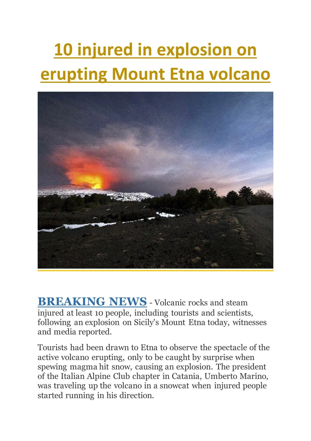 10 injured in explosion on erupting mount etna
