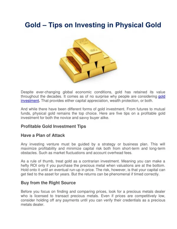 Gold – Tips on Investing in Physical Gold
