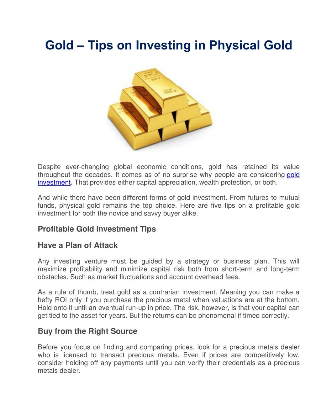 gold tips on investing in physical gold