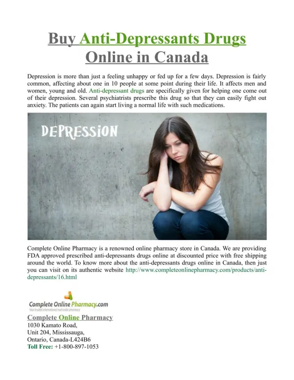 Buy Anti-Depressants Drugs Online in Canada