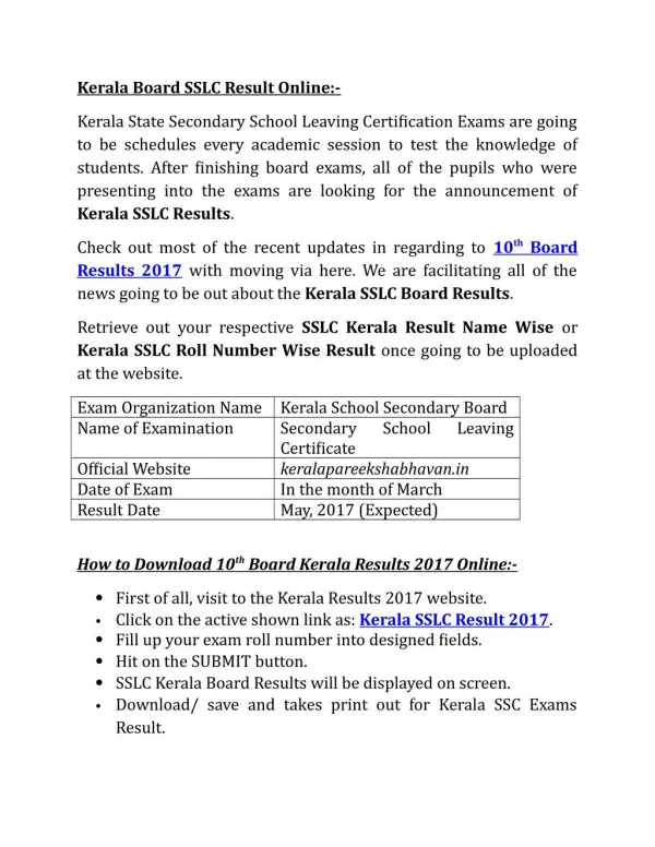 Kerala Board SSLC Result Online