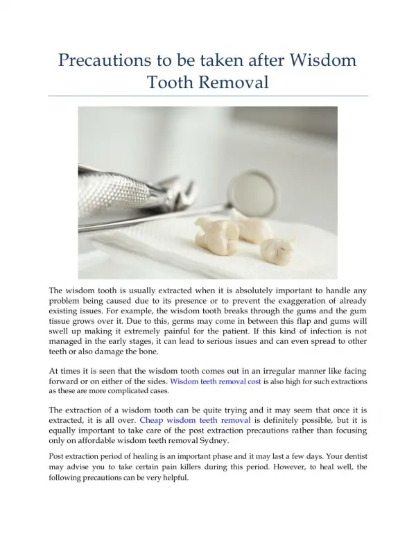 Precautions to be taken after Wisdom Tooth Removal