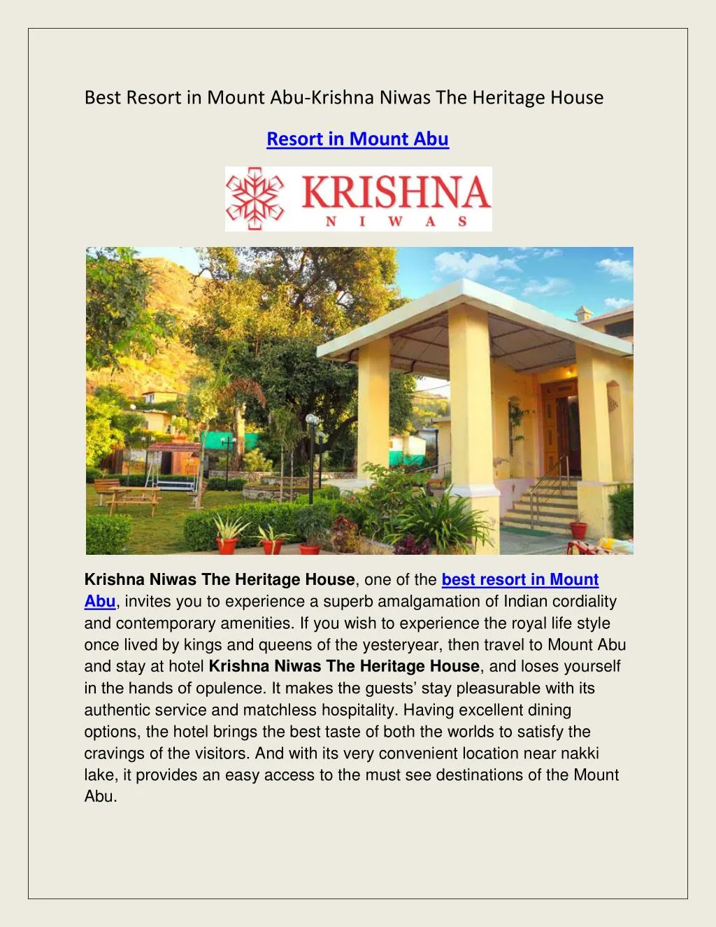 best resort in mount abu krishna niwas