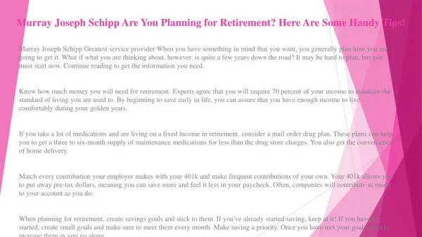 Murray Joseph Schipp Are You Planning for Retirement? Here Are Some Handy Tips!
