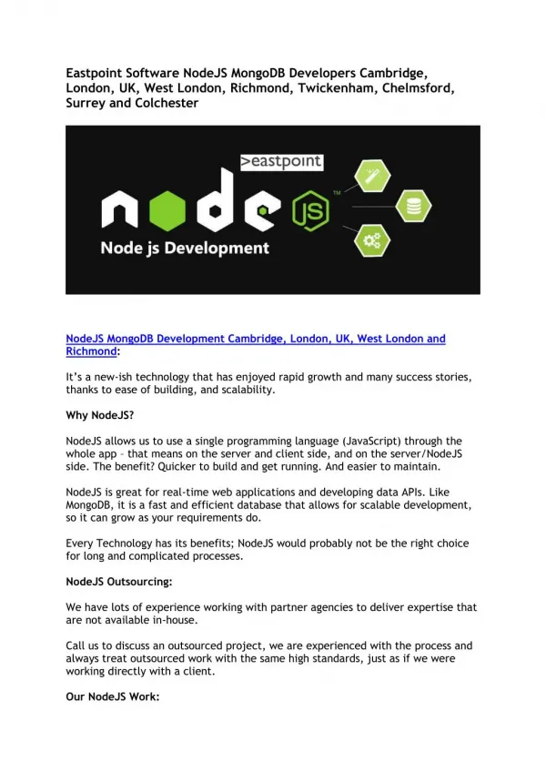 Eastpoint Software NodeJS MongoDB Developers Cambridge, London, UK, West London, Richmond, Twickenham, Chelmsford, Surr