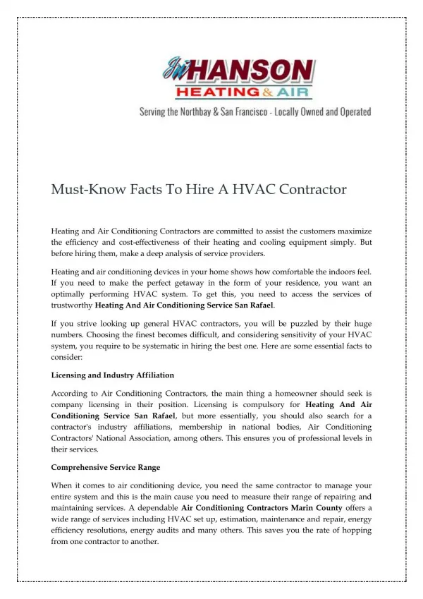 Must-Know Facts To Hire A HVAC Contractor