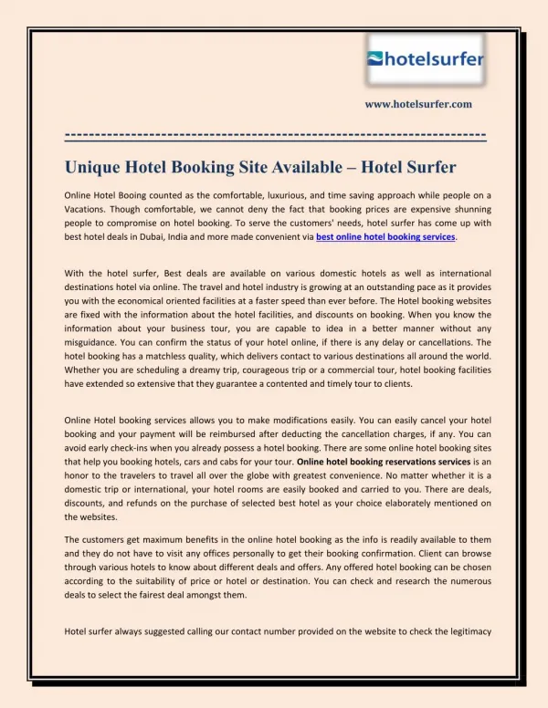 Unique Hotel Booking Site Available – Hotel Surfer