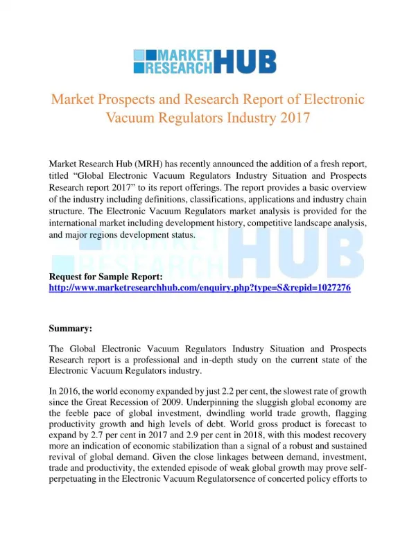 Market Prospects and Research Report of Electronic Vacuum Regulators Industry 2017