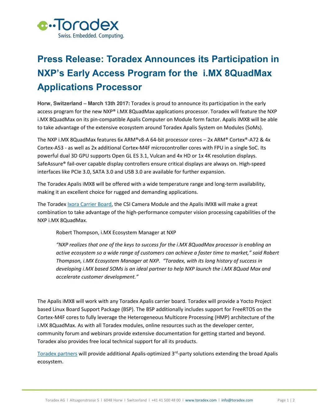 press release toradex announces its participation