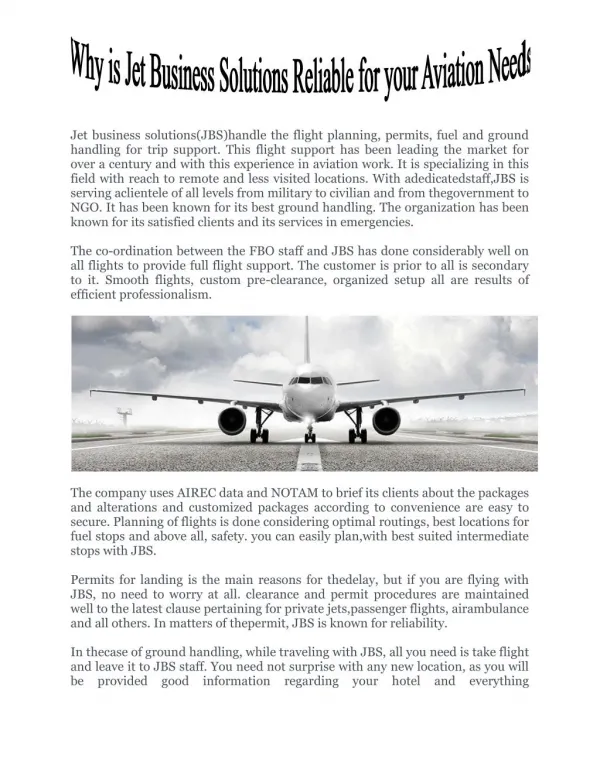 Why is Jet Business Solutions Reliable for your Aviation Needs