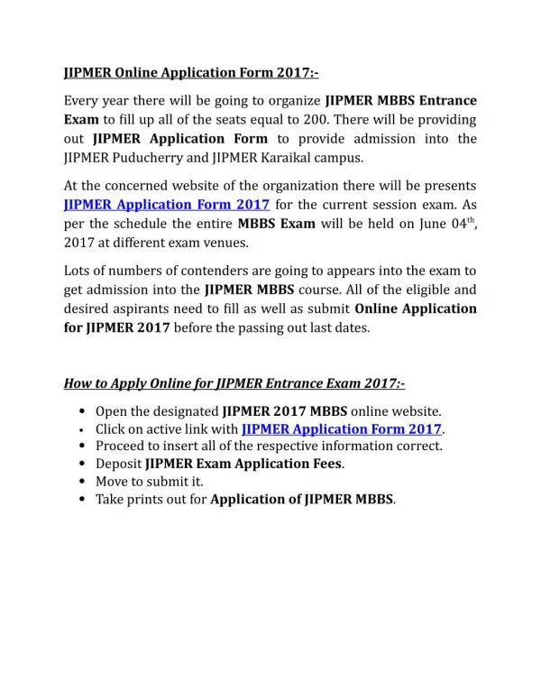 JIPMER Application Form 2017