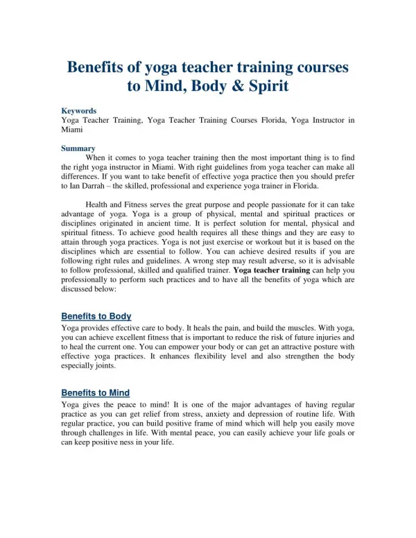 Benefits of yoga teacher training courses to Mind, Body & Spirit
