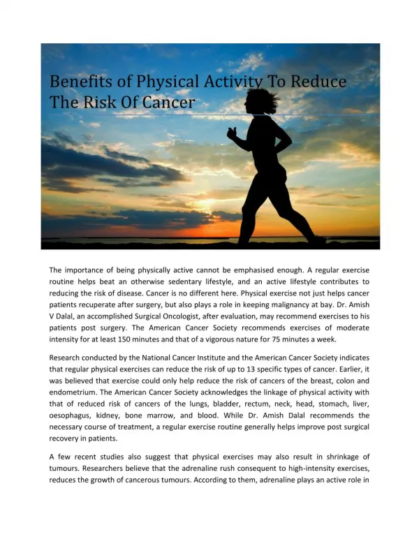 Amish Dalal a Jaslok Consultant on Benefits of physical activity to reduce the risk of cancer