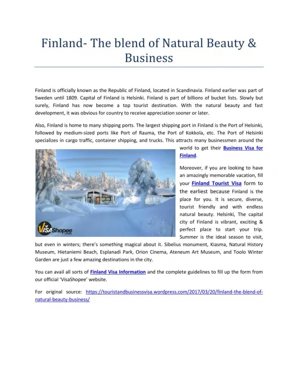Finland- The blend of Natural Beauty & Business