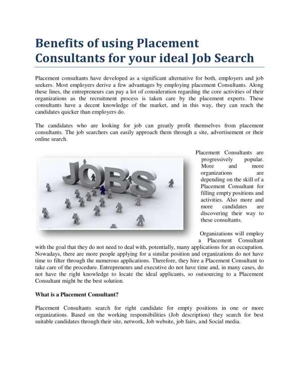 Benefits of using Placement Consultants for your ideal Job Search