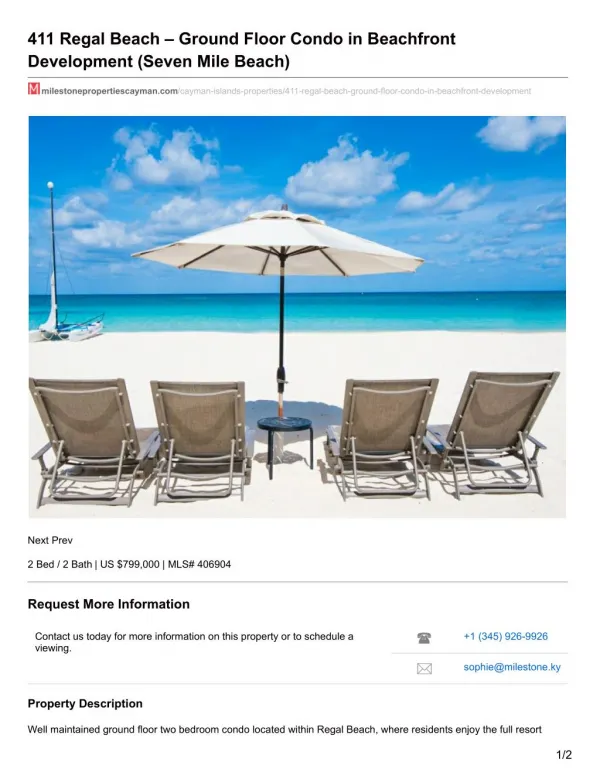 411 Regal Beach – Ground Floor Condo by Milestone Properties Cayman