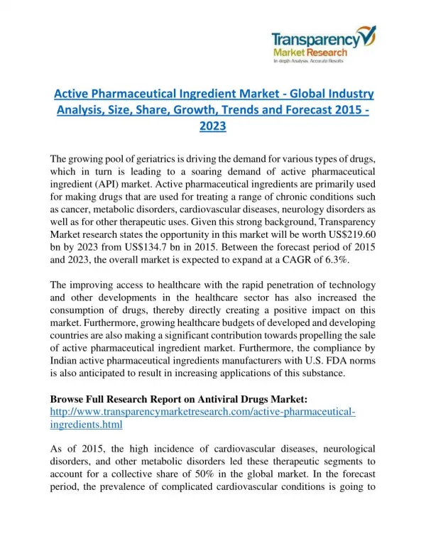 Active Pharmaceutical Ingredient Market - Global Industry Analysis, Size, Share, Growth, Trends and Forecast 2015 - 2023