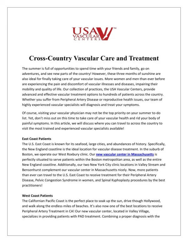 Cross-Country Vascular Care and Treatment
