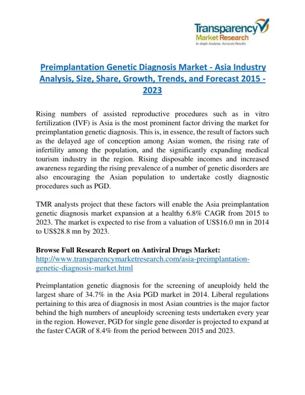Preimplantation Genetic Diagnosis Market - Asia Industry Analysis, Size, Share, Growth, Trends, and Forecast 2015 - 2023