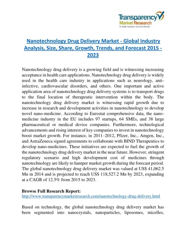 Nanotechnology Drug Delivery Market to reach US$ 11.9 Billion in 2023