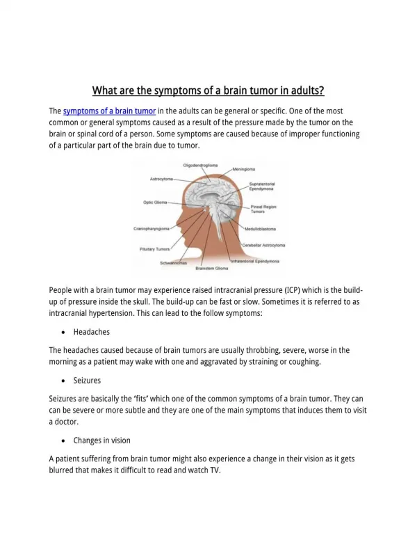 What are the symptoms of a brain tumor in adults?