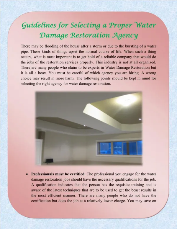 Guidelines for Selecting a Proper Water Damage Restoration Agency