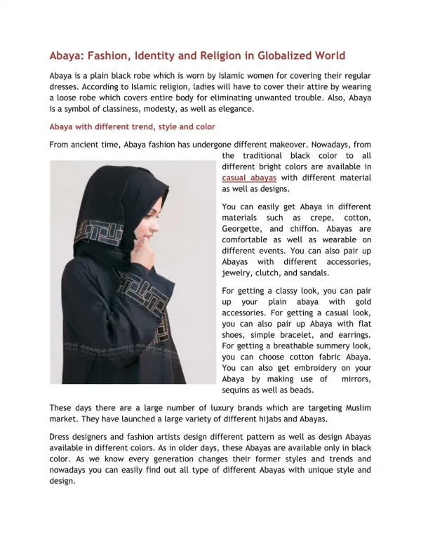 Abaya: Fashion, identity, and religion in globalized world