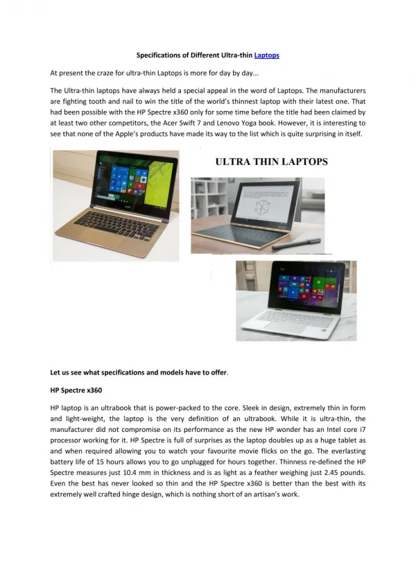 Specifications about Ultra-thin Laptops