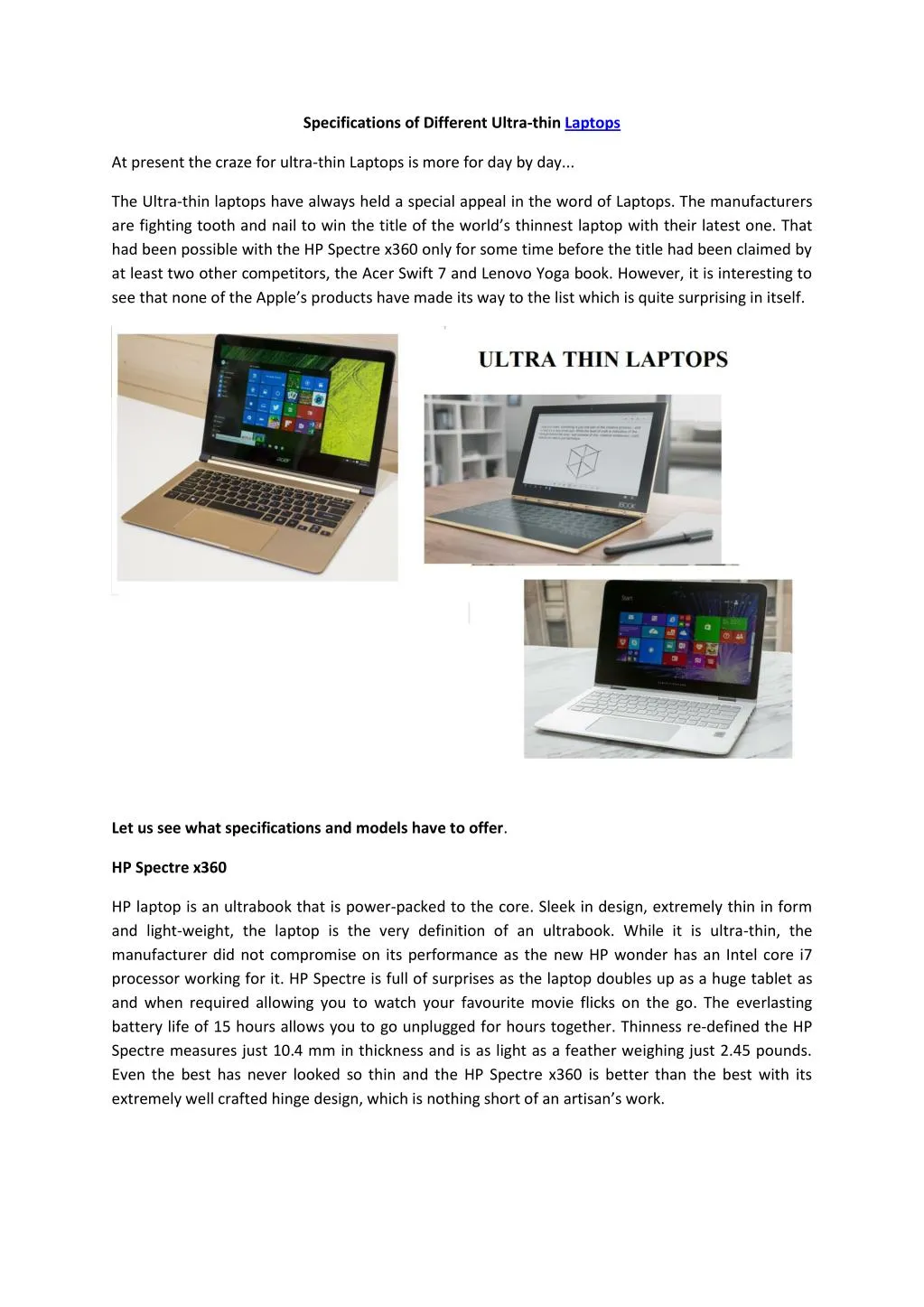 specifications of different ultra thin laptops
