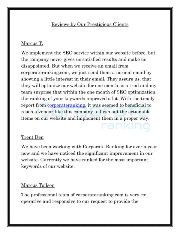 Reviews by Our Prestigious Clients - corporateranking.com